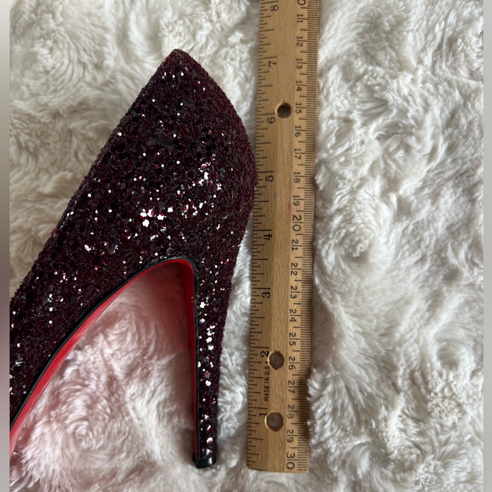 Christian Louboutin Very Prive 120 Burgundy Glitter Peep Toe Heels Size 38 US 8 - Picture 16 of 17